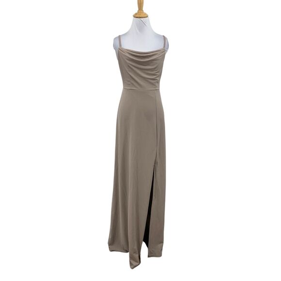 Birdy Grey Dress Womens XS Extra Small Taupe Cowl Drape Neck Slit Front Maxi - Picture 1 of 16